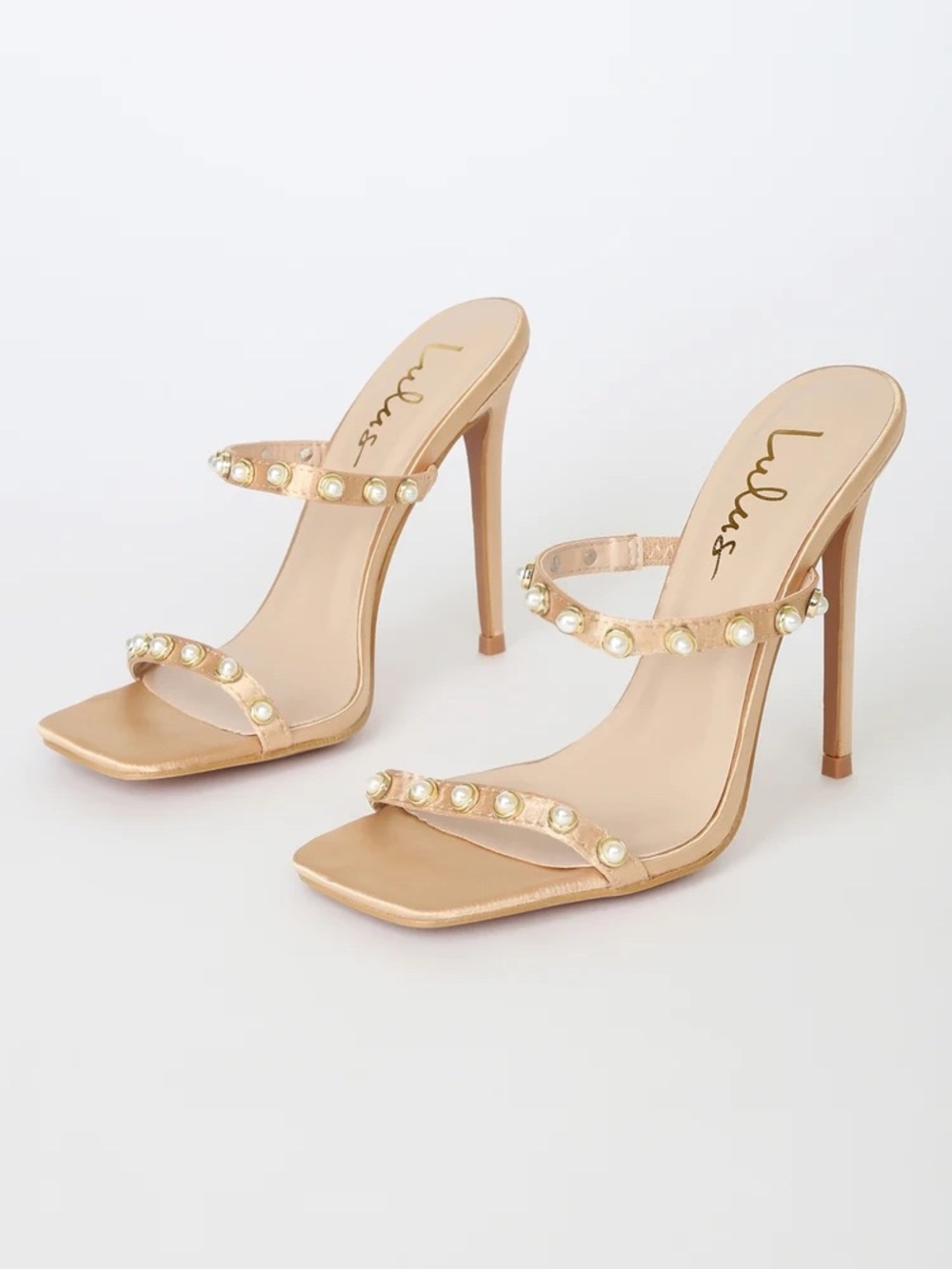 Lulus Luwe Gold Satin Pearl Square Toe High Heel Sandals